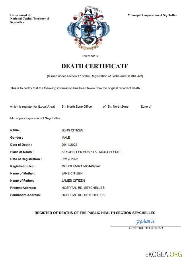 Modèle Word et PDF de certificat de décès de l'état civil des Seychelles